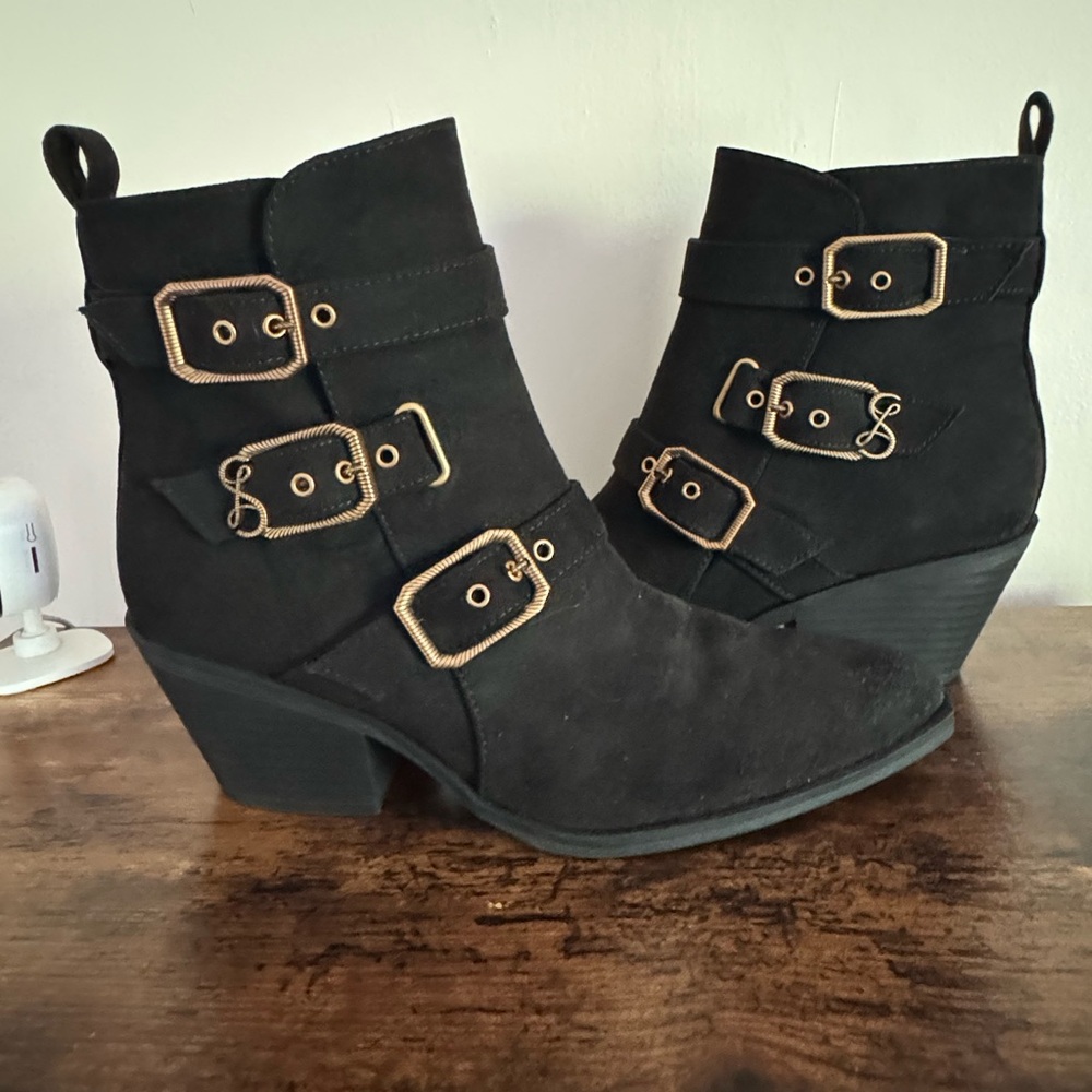 Black Ankle Boots with Gold Buckles